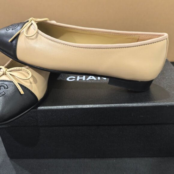 CHANEL Beige Lambskin Cap Toe Ballerina Flats - Picture 11 of 13